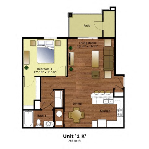 Floor plan for 1 bed, 1 bath, 788 sqft