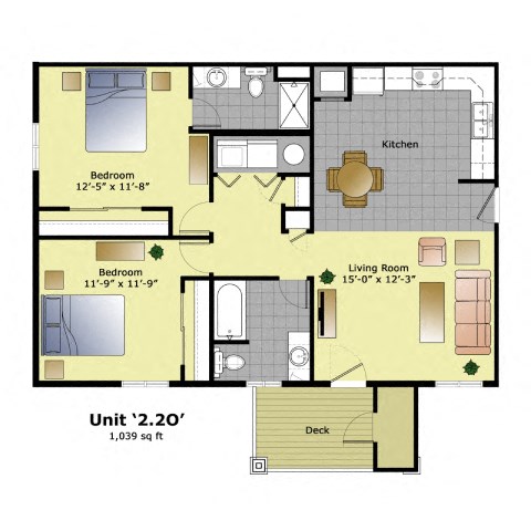 Floor plan for 2 beds, 2 baths, 1039 sqft