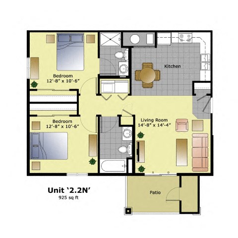 Floor plan for 2 beds, 2 baths, 925 sqft