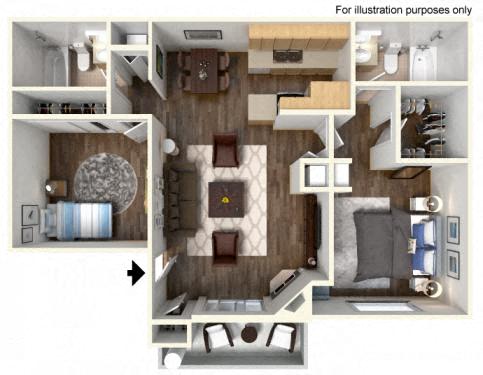 Floor plan for 2 beds, 2 baths, 1056 sqft
