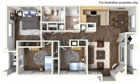 Floor plan for 3 beds, 2 baths, 1240 sqft
