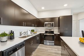 Vancouver apartment for rent - A modern kitchen with dark brown cabinets and stainless steel appliances.