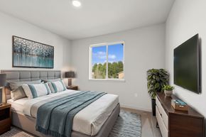 Vancouver apartment for rent - A bedroom with a large bed and a window showing trees outside.