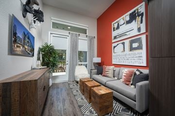 Mountain View apartment for rent - a living room with an orange accent wall and a gray couch