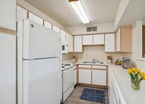 Reno apartment for rent - A white refrigerator stands in a kitchen with wooden cabinets and a sink.