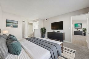 Las Vegas apartment for rent - A bedroom with a large bed and a flat screen TV mounted on the wall.