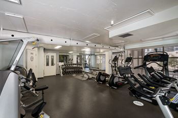 24-Hour fitness center with free weights and cardio machines