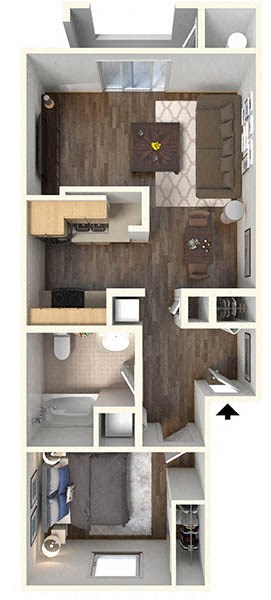 Floor plan for 1 bed, 1 bath, 681 sqft