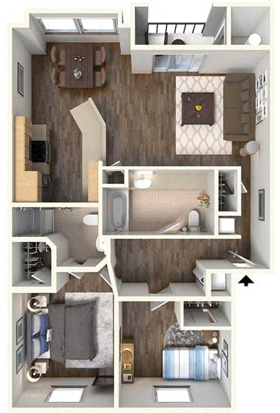 Floor plan for 2 beds, 2 baths, 1067 sqft