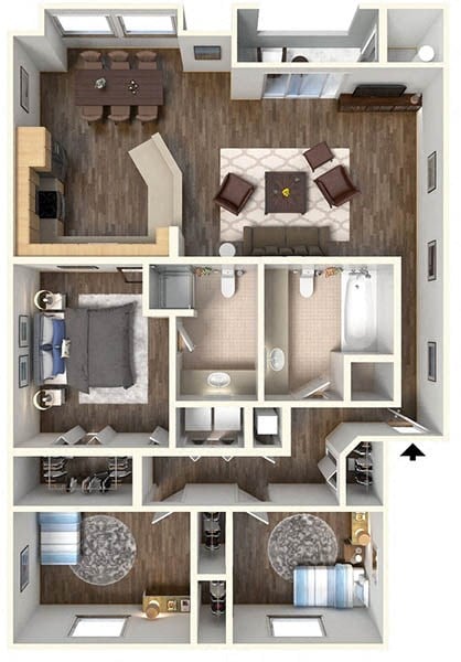 Floor plan for 3 beds, 2 baths, 1232 sqft