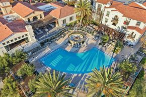 Carlsbad apartment for rent - A large swimming pool surrounded by palm trees and buildings.