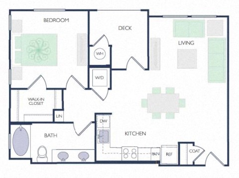Floor plan for 1 bed, 1 bath, 781 sqft