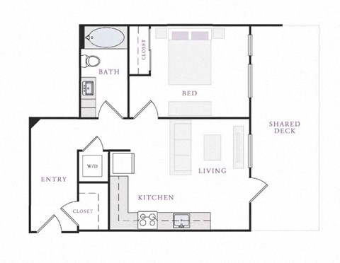 Floor plan for 1 bed, 1 bath, 595 sqft