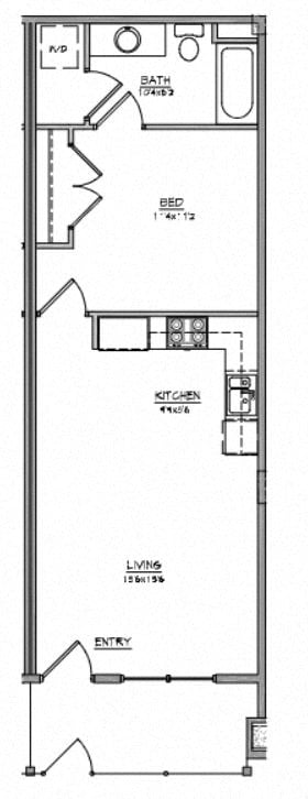 Floor plan for 1 bed, 1 bath, 592 sqft