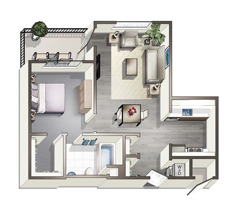 Floor plan for 1 bed, 1 bath, 633 sqft
