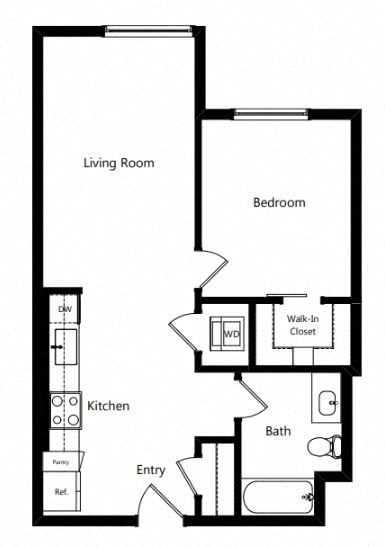 Floor plan for 1 bed, 1 bath, 653 sqft