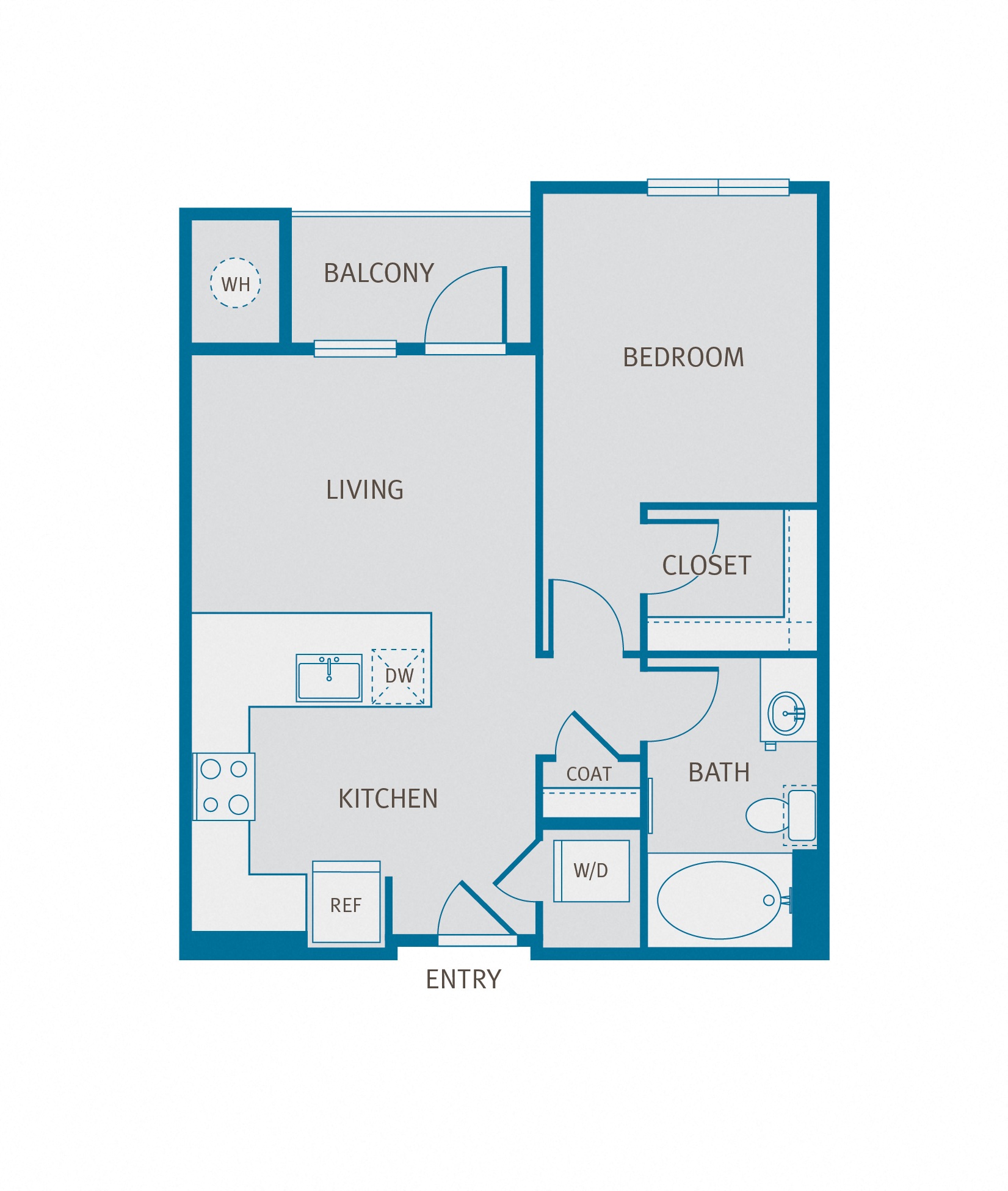 Floor plan for 1 bed, 1 bath, 610 sqft