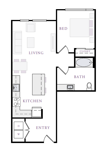 Floor plan for 1 bed, 1 bath, 722 sqft