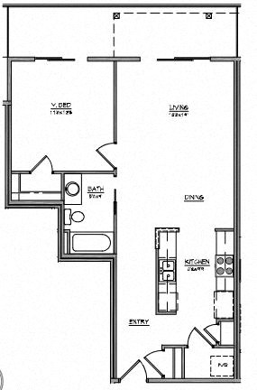 Floor plan for 1 bed, 1 bath, 757 sqft