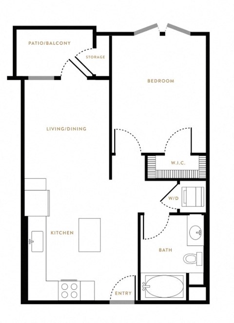 Floor plan for 1 bed, 1 bath, 658 sqft