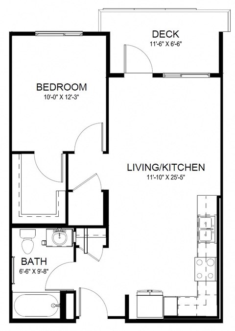 Floor plan for 1 bed, 1 bath, 655 sqft