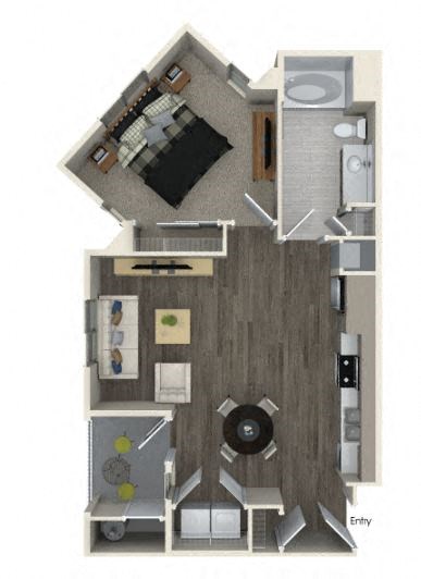 Floor plan for 1 bed, 1 bath, 723 sqft