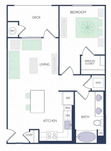 Floor plan for 1 bed, 1 bath, 772 sqft