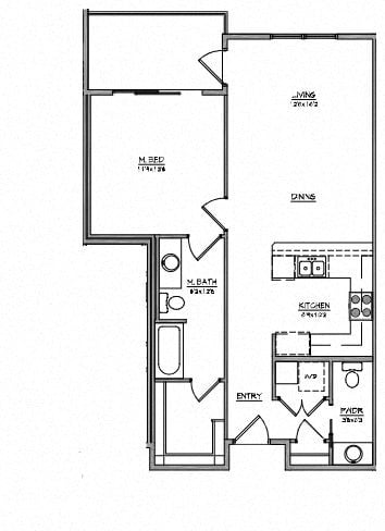 Floor plan for 1 bed, 1.5 baths, 819 sqft