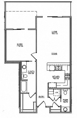 Floor plan for 1 bed, 1.5 baths, 835 sqft