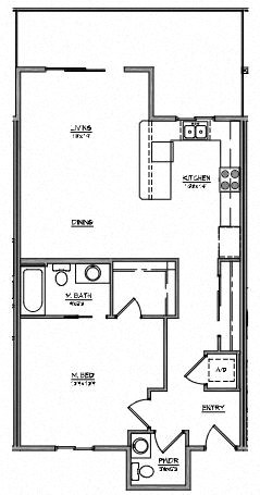 Floor plan for 1 bed, 1.5 baths, 878 sqft