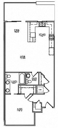Floor plan for 1 bed, 1.5 baths, 913 sqft