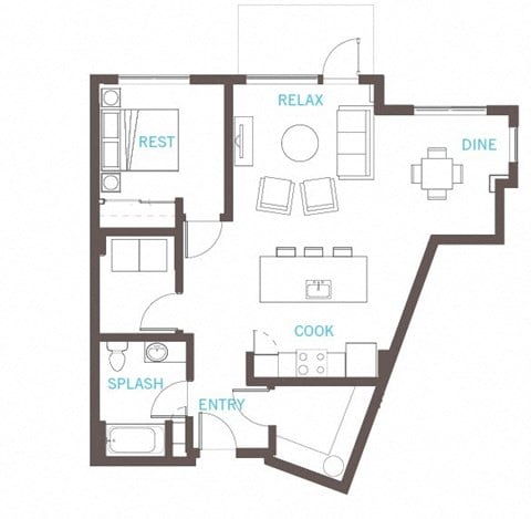 Floor plan for 1 bed, 1 bath, 880 sqft