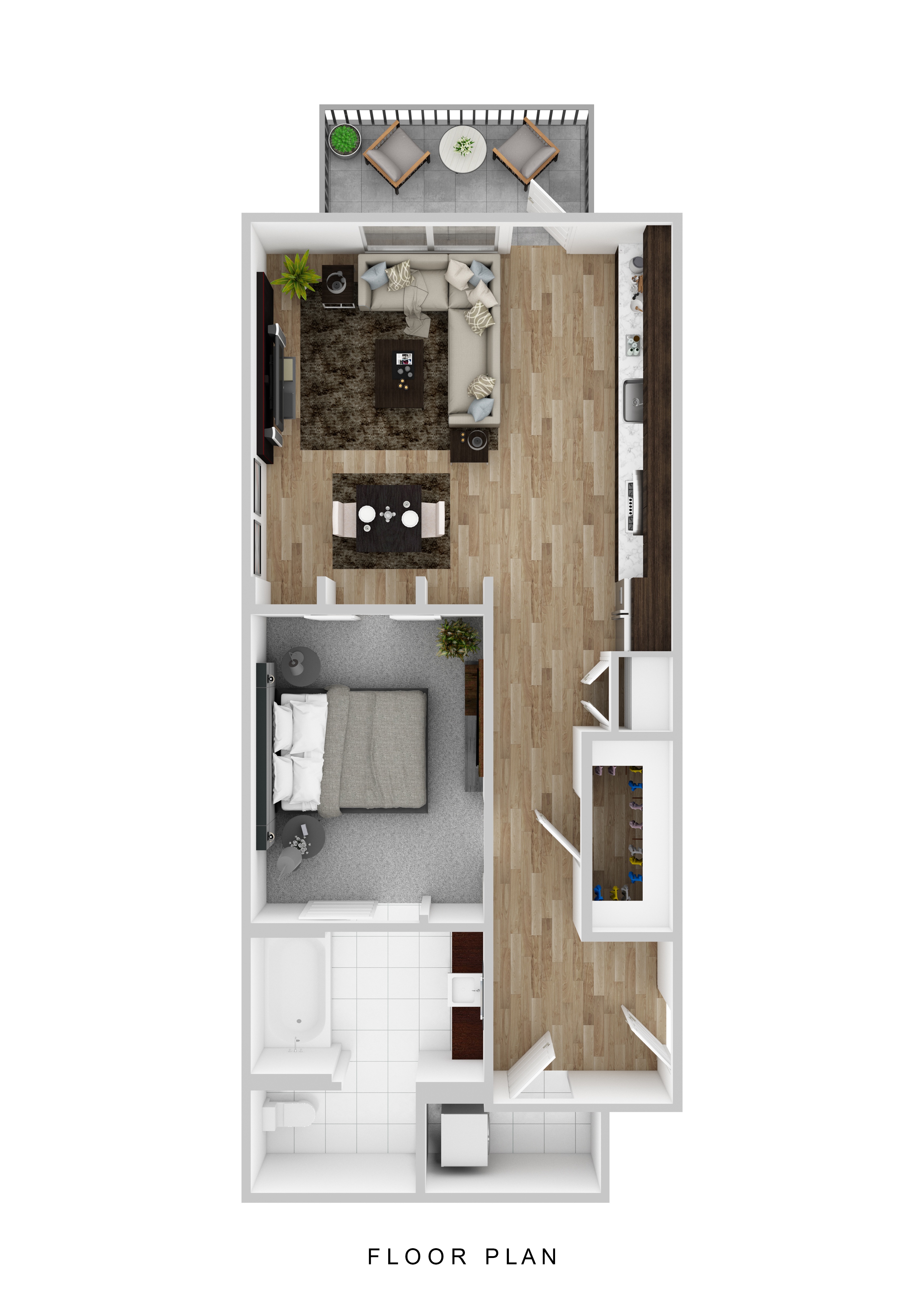 Floor plan for 1 bed, 1 bath, 726 sqft