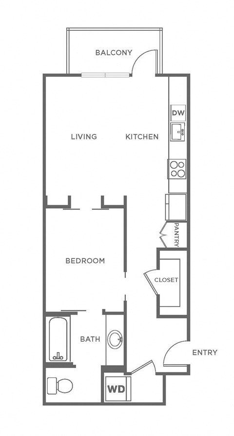 Floor plan for 1 bed, 1 bath, 726 sqft