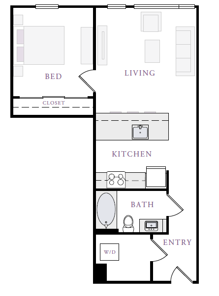 Floor plan for 1 bed, 1 bath, 677 sqft