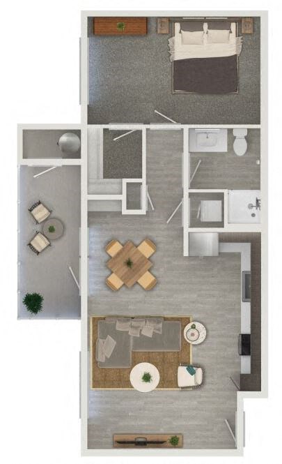 Floor plan for 1 bed, 1 bath, 689 sqft