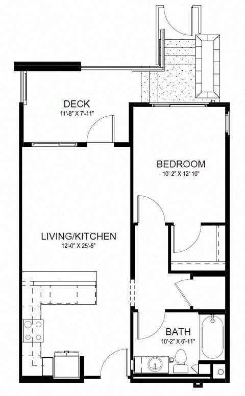 Floor plan for 1 bed, 1 bath, 691 sqft