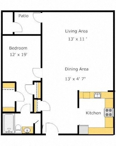 Floor plan for 1 bed, 1 bath, 672 sqft