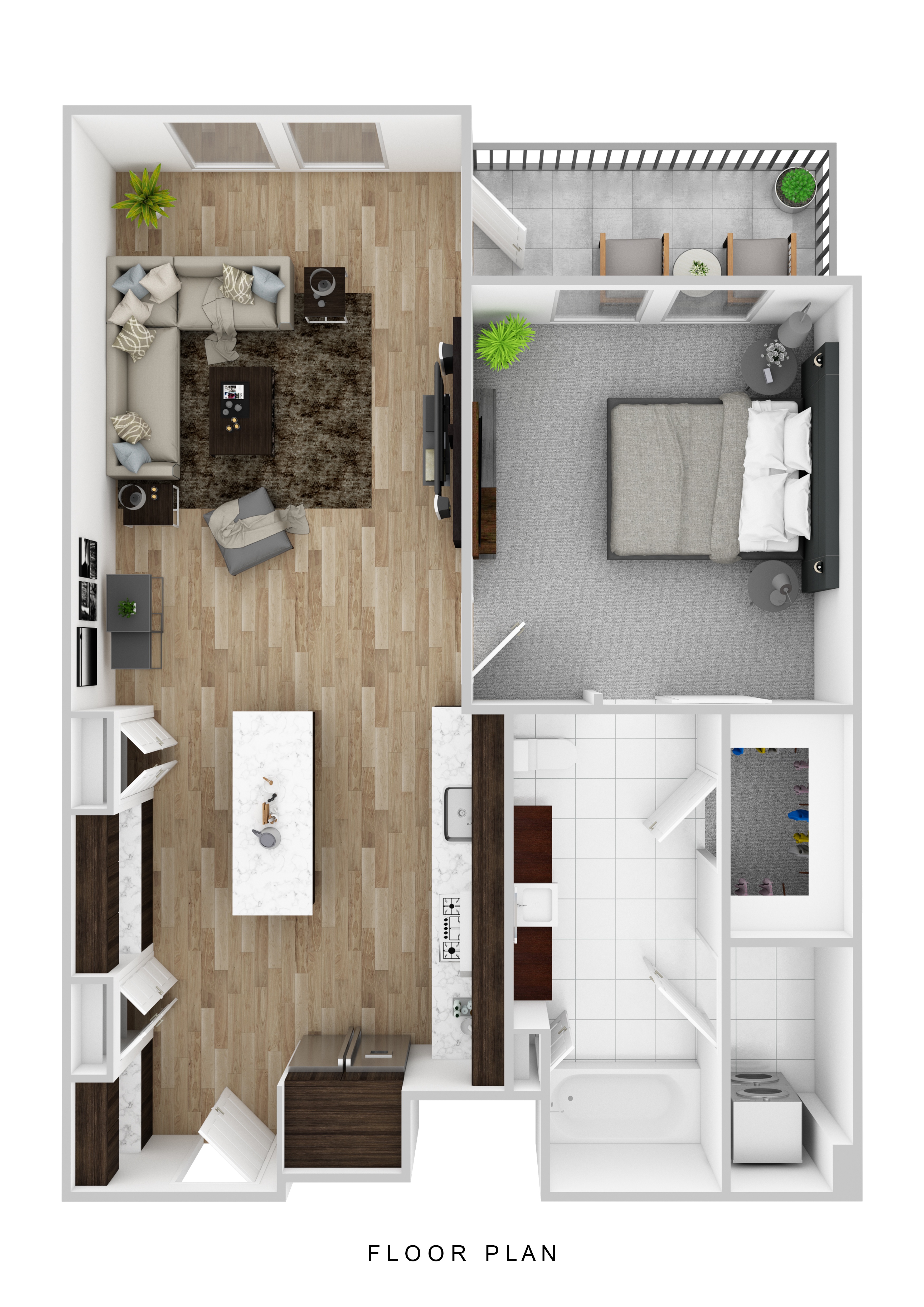 Floor plan for 1 bed, 1 bath, 742 sqft