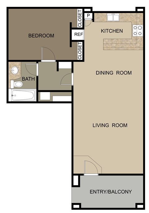 Floor plan for 1 bed, 1 bath, 733 sqft