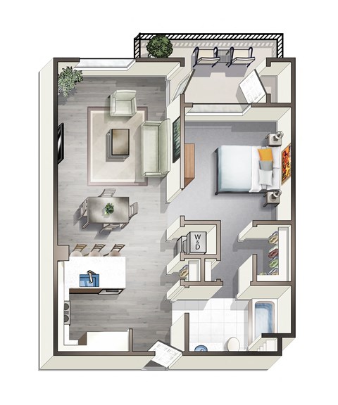 Floor plan for 1 bed, 1 bath, 692 sqft