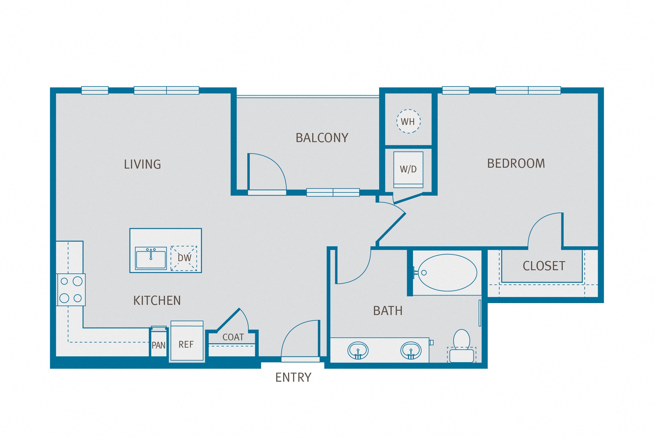 Floor plan for 1 bed, 1 bath, 775 sqft