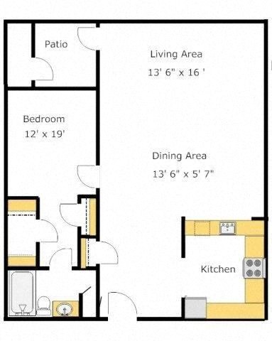 Floor plan for 1 bed, 1 bath, 745 sqft
