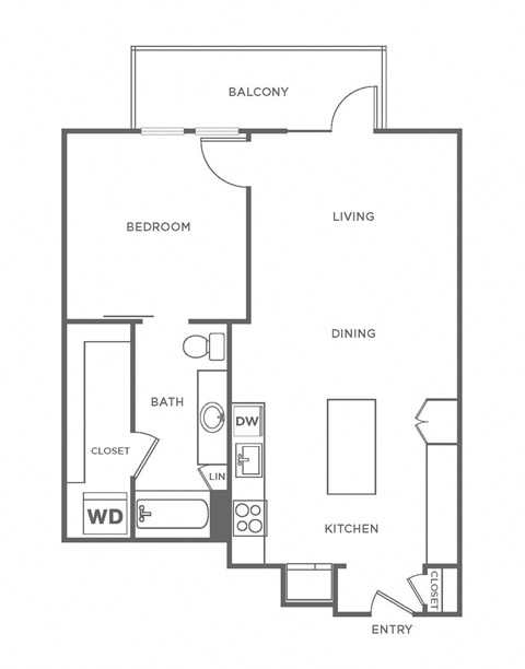 Floor plan for 1 bed, 1 bath, 843 sqft