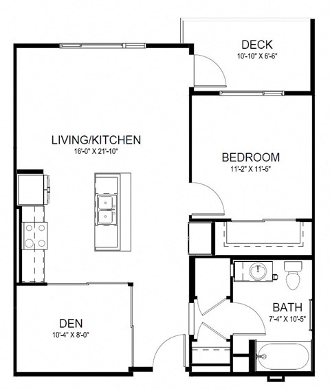 Floor plan for 1 bed, 1 bath, 822 sqft