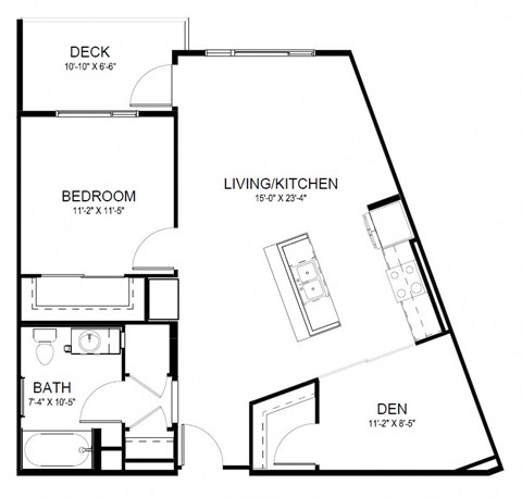 Floor plan for 1 bed, 1 bath, 881 sqft