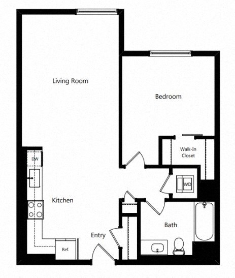 Floor plan for 1 bed, 1 bath, 790 sqft
