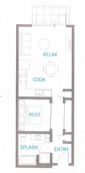 Floor plan for 1 bed, 1 bath, 571 sqft