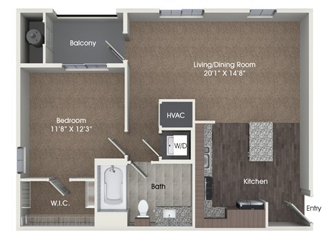 Floor plan for 1 bed, 1 bath, 733 sqft