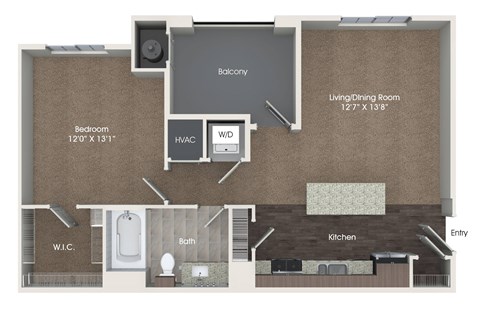 Floor plan for 1 bed, 1 bath, 738 sqft
